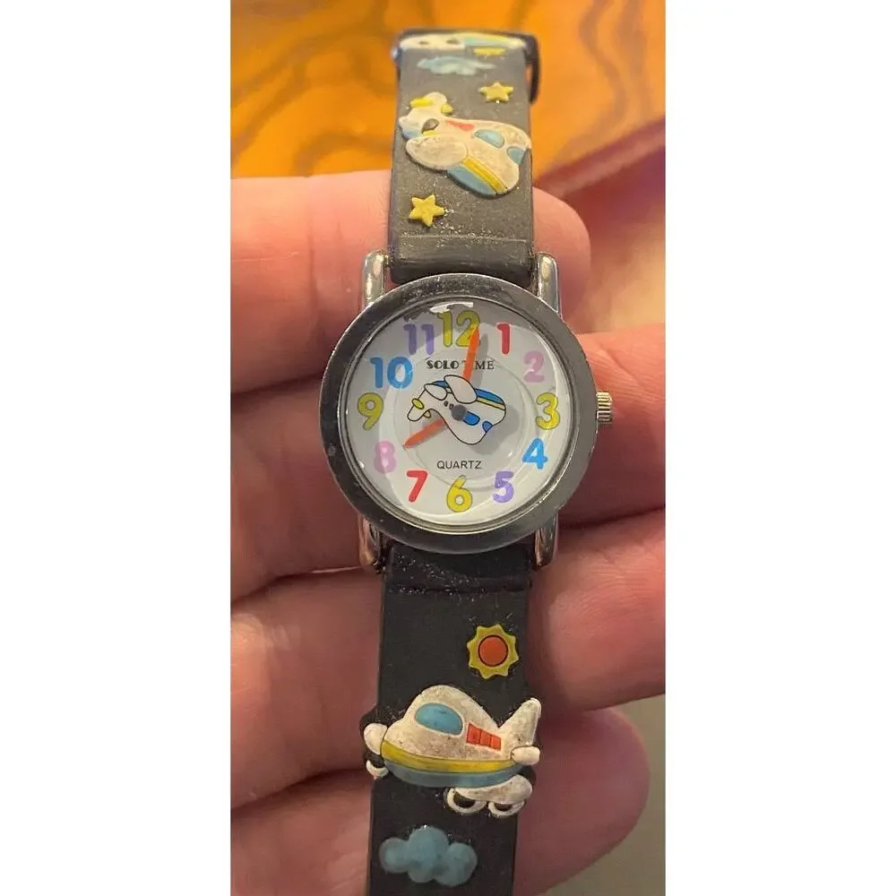 Boy's Solo Time Watch, Airplane Theme Poly Band, Spinning Plane on Face